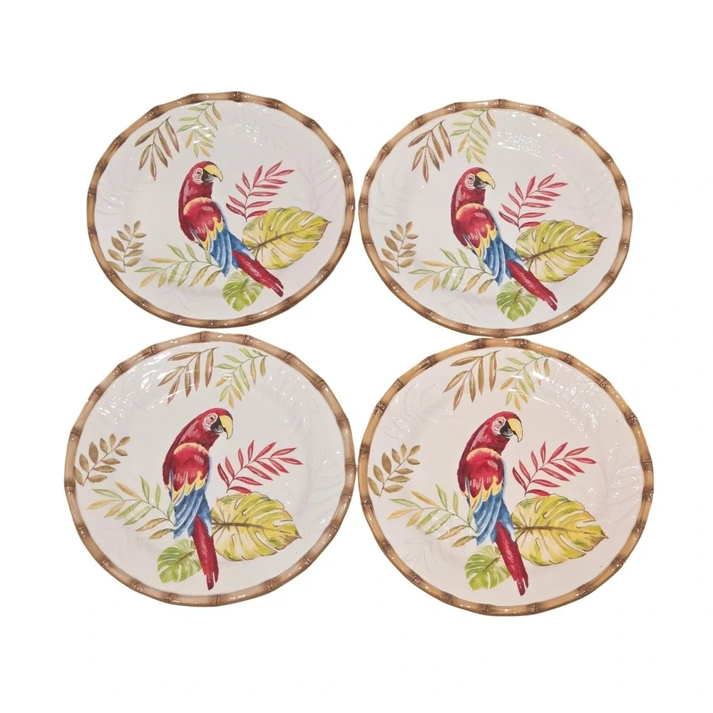 Pier 1 Cabana Macaw Parrot‎ Tropical Salad Dessert Plates Colorful Set of 4